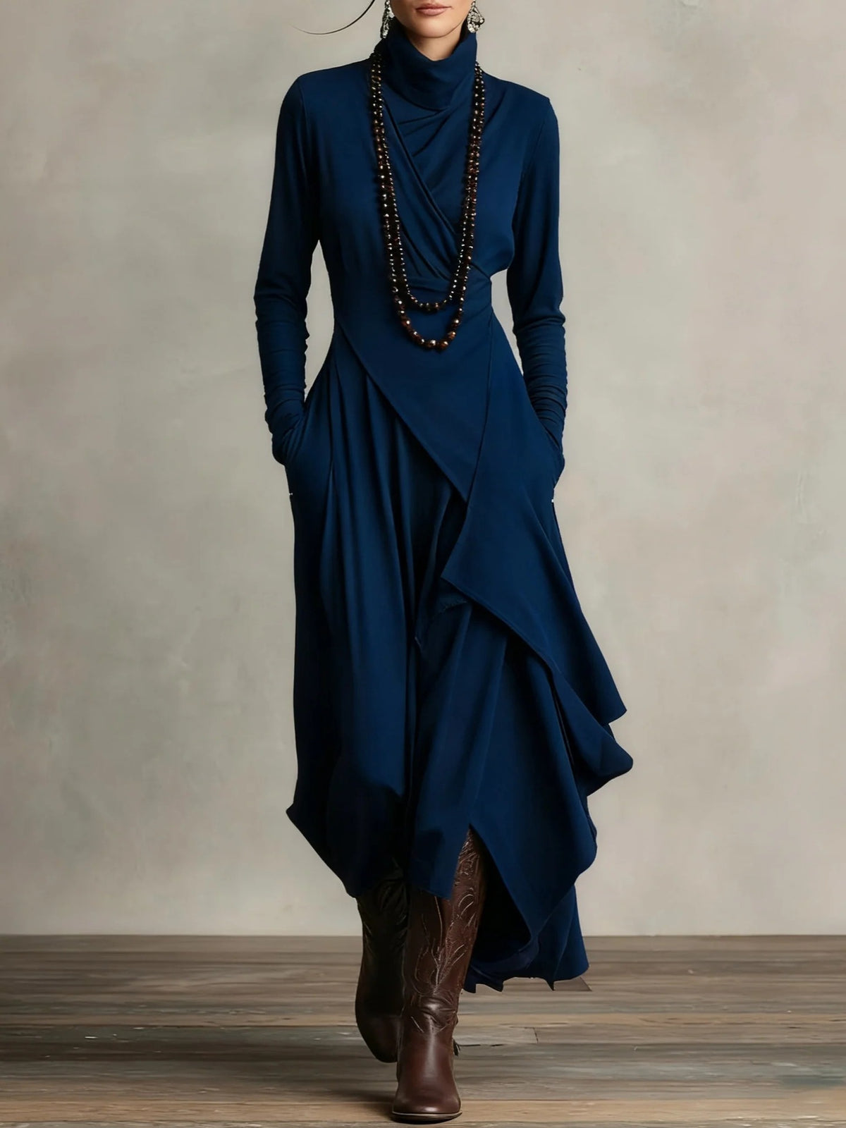 Women's Solid Color Long Sleeve A-Line Knitted Maxi Dress with Half Turtleneck