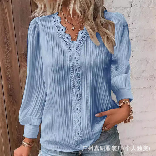 2025 Cross-Border Hot Selling Amazon Autum Long-Sleeved V Neck Lace Splicing Shirt Women's Shirt Women's Clothing Ready Supply