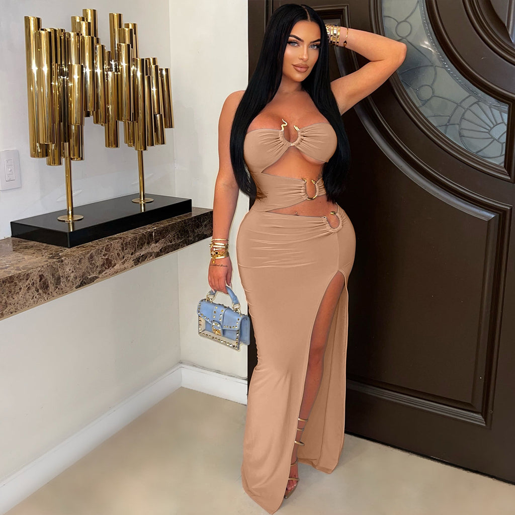 Hollow Metal Ring Bodycon Long Dress