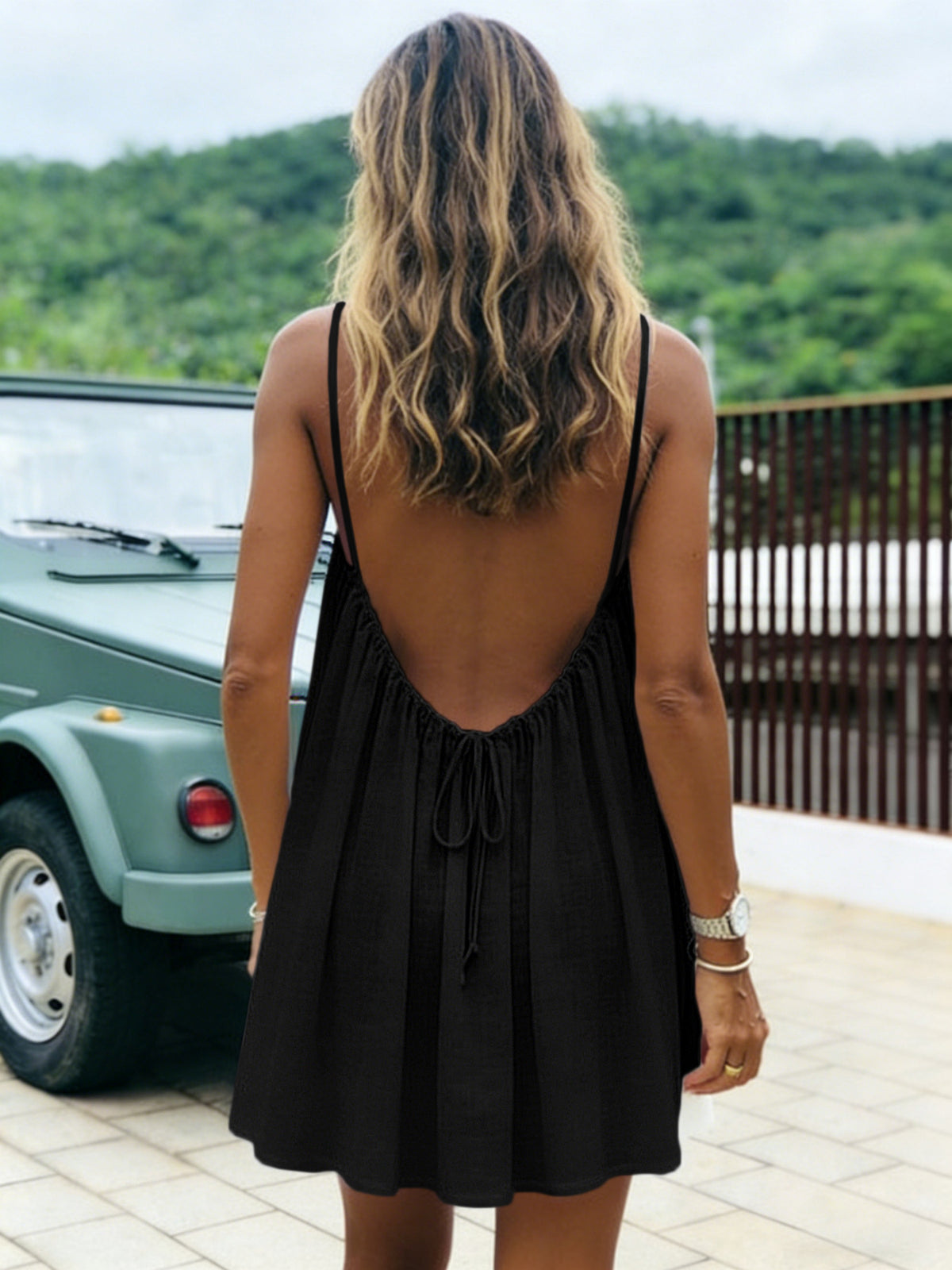 Womens Ruched Backless Ice Silk Short Dress