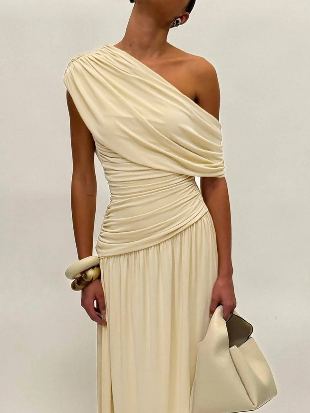 Womens Asymmetrical Neckline Pleated Dress