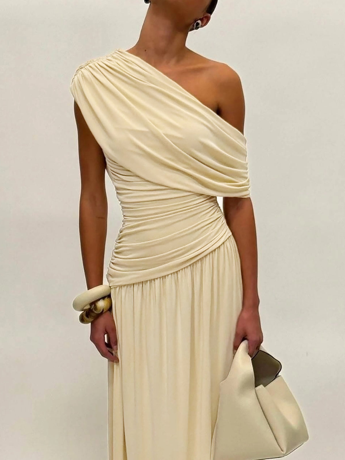 Womens Asymmetrical Neckline Pleated Dress