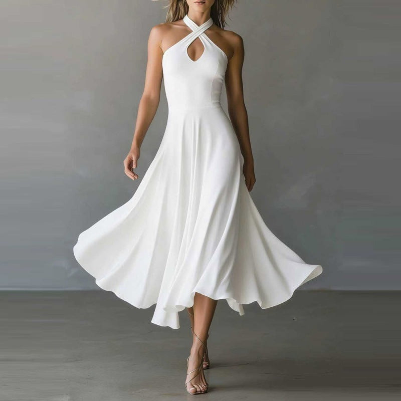 Retro Halter Neck Keyhole Back Long Dress