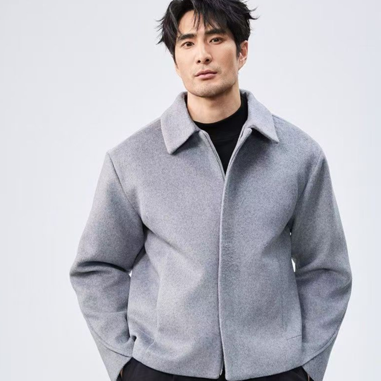 Men's Wool Blend Melton Solid Short Jacket with Curved Sleeves
