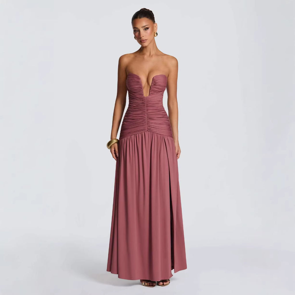 Solid Color Strapless High Slit Ruched Slim Fit Dress