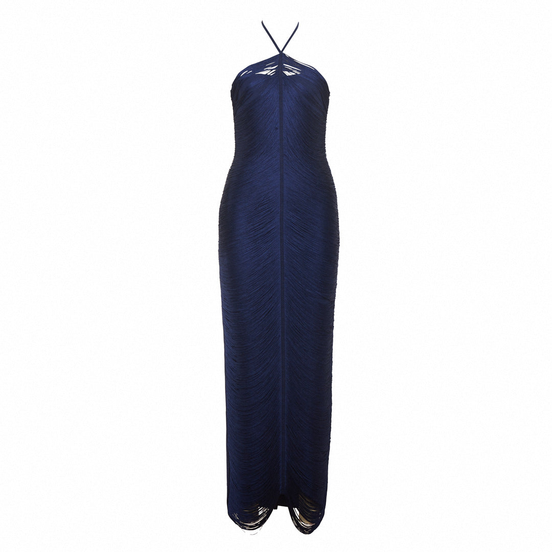 Sleeveless Halter Neck Tassel Long Dress