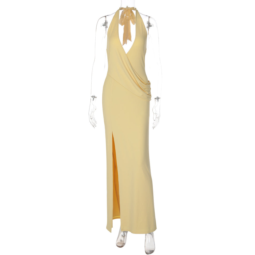 Halter Neck Deep V Backless Slit Dress