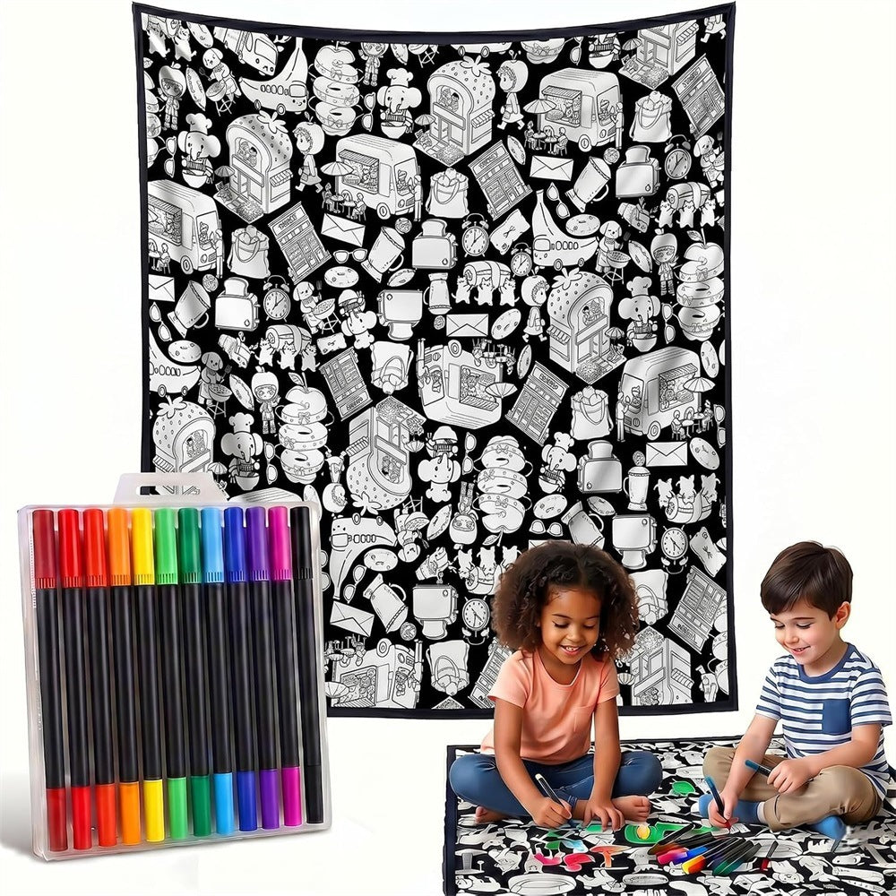 Black and white line-drawn graffiti rug