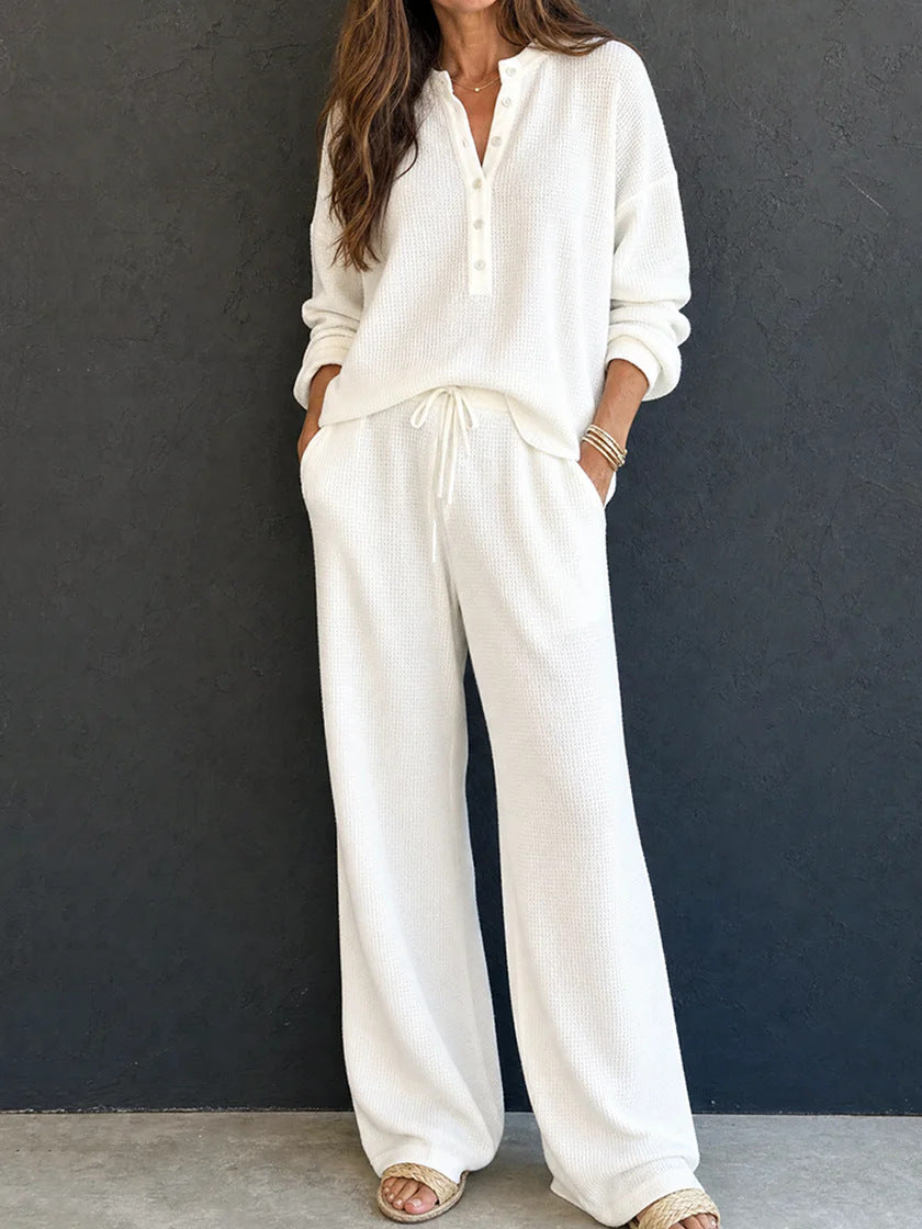 Women's Solid Color Knit Rib Top Straight Pants Set