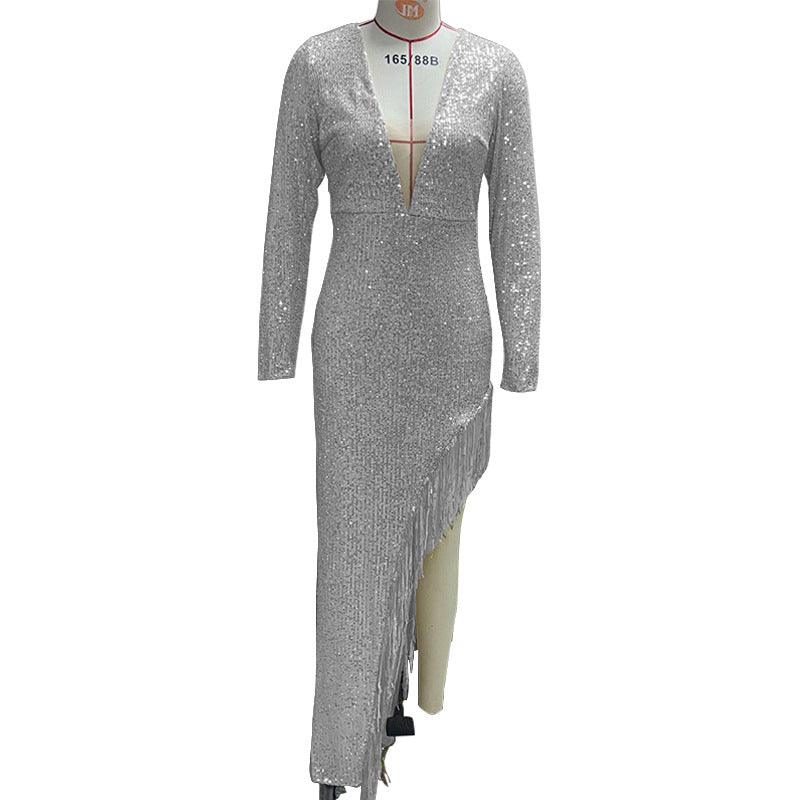 2025 Amazon Dress Tassel Sequin Waist Deep V Long Sleeve Side Slit Sexy Asymmetric Dress Women