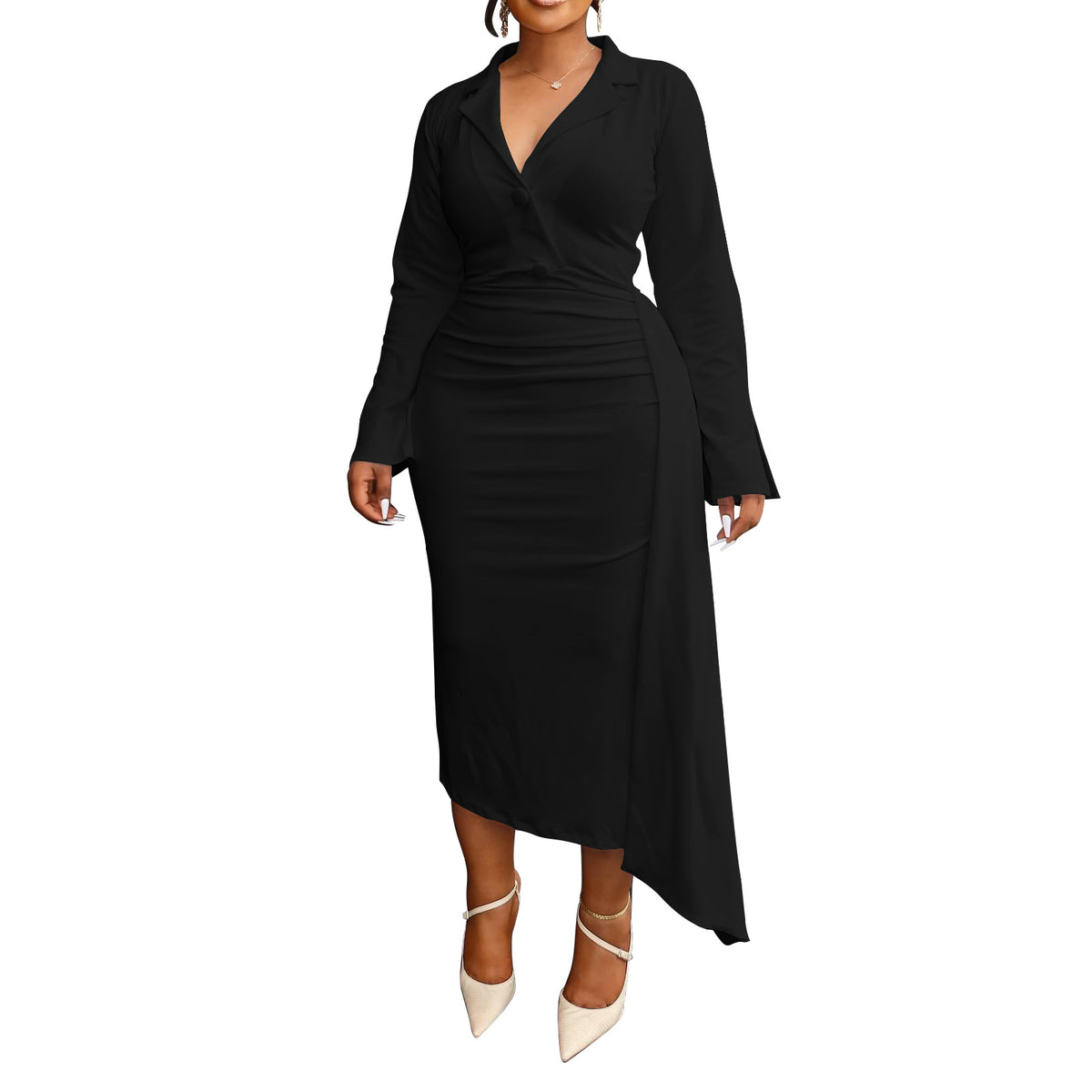 Womens V-Neck Pleated Spliced Dress