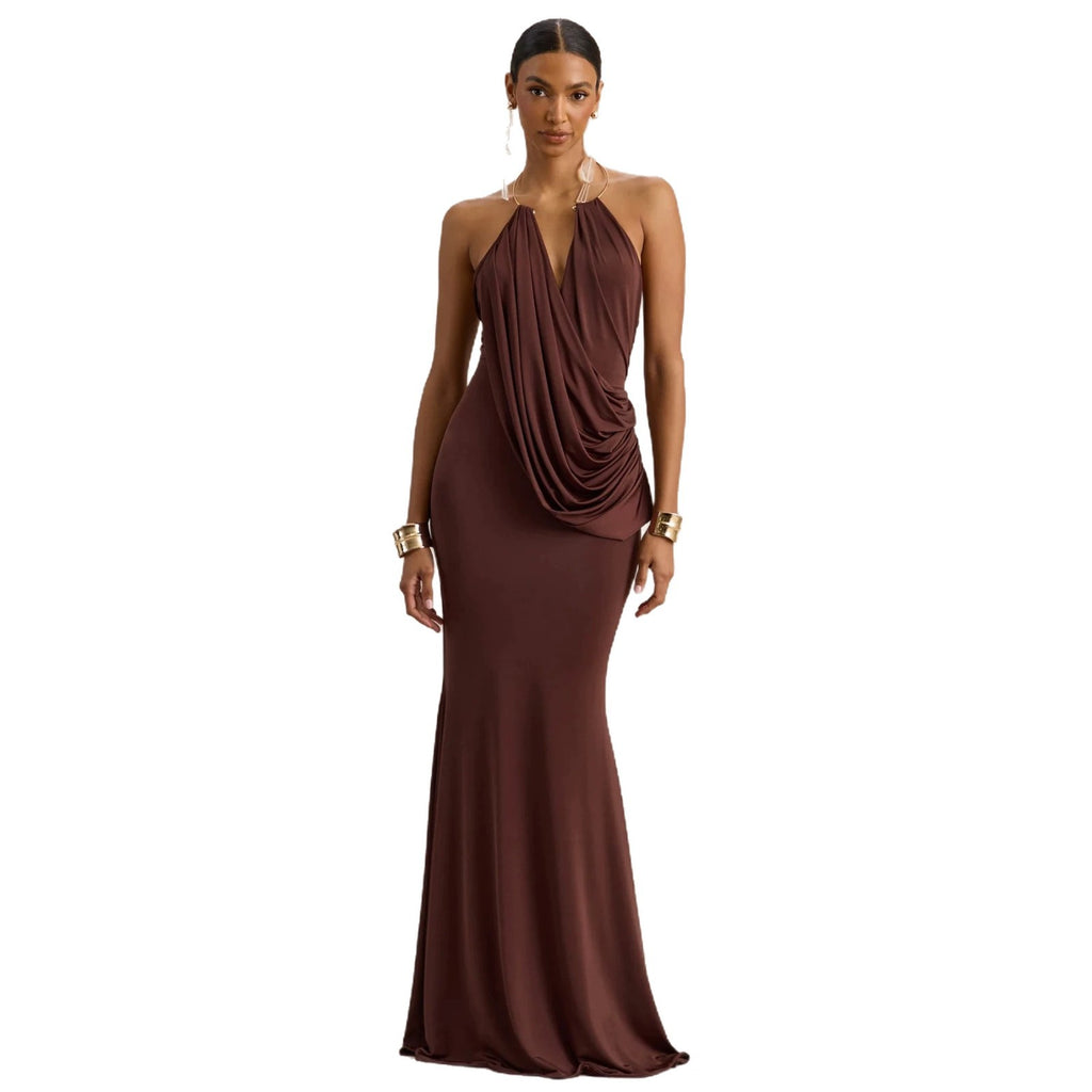 Womens Pleated Bodycon Dress with Ruffle Neck