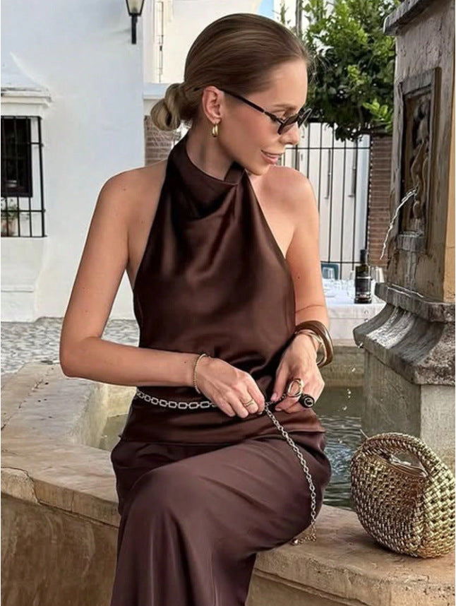 Sleeveless Satin Halter Top