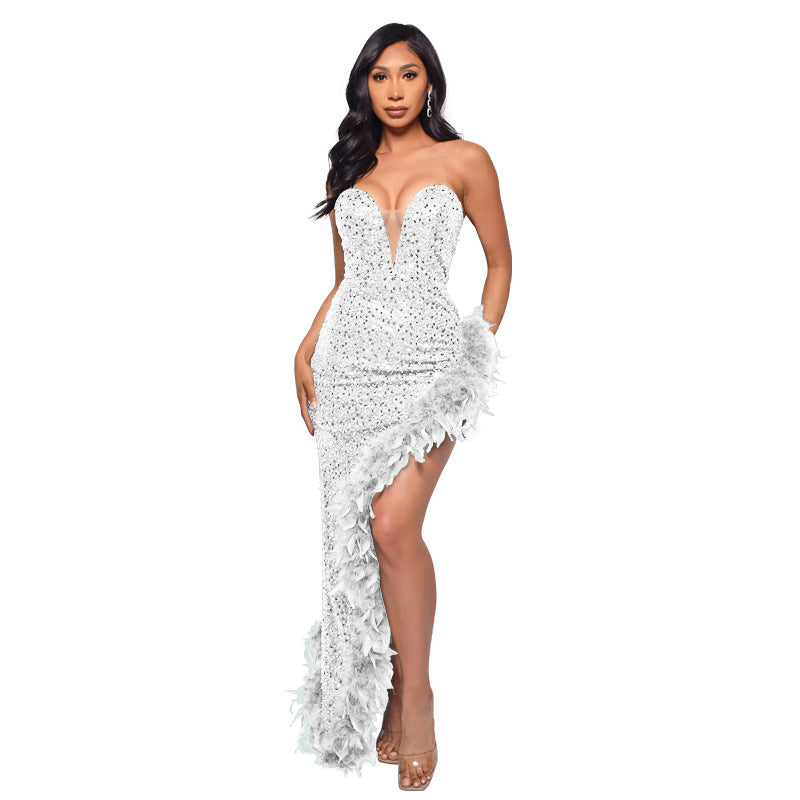 Sequin Feather Backless Long Dress