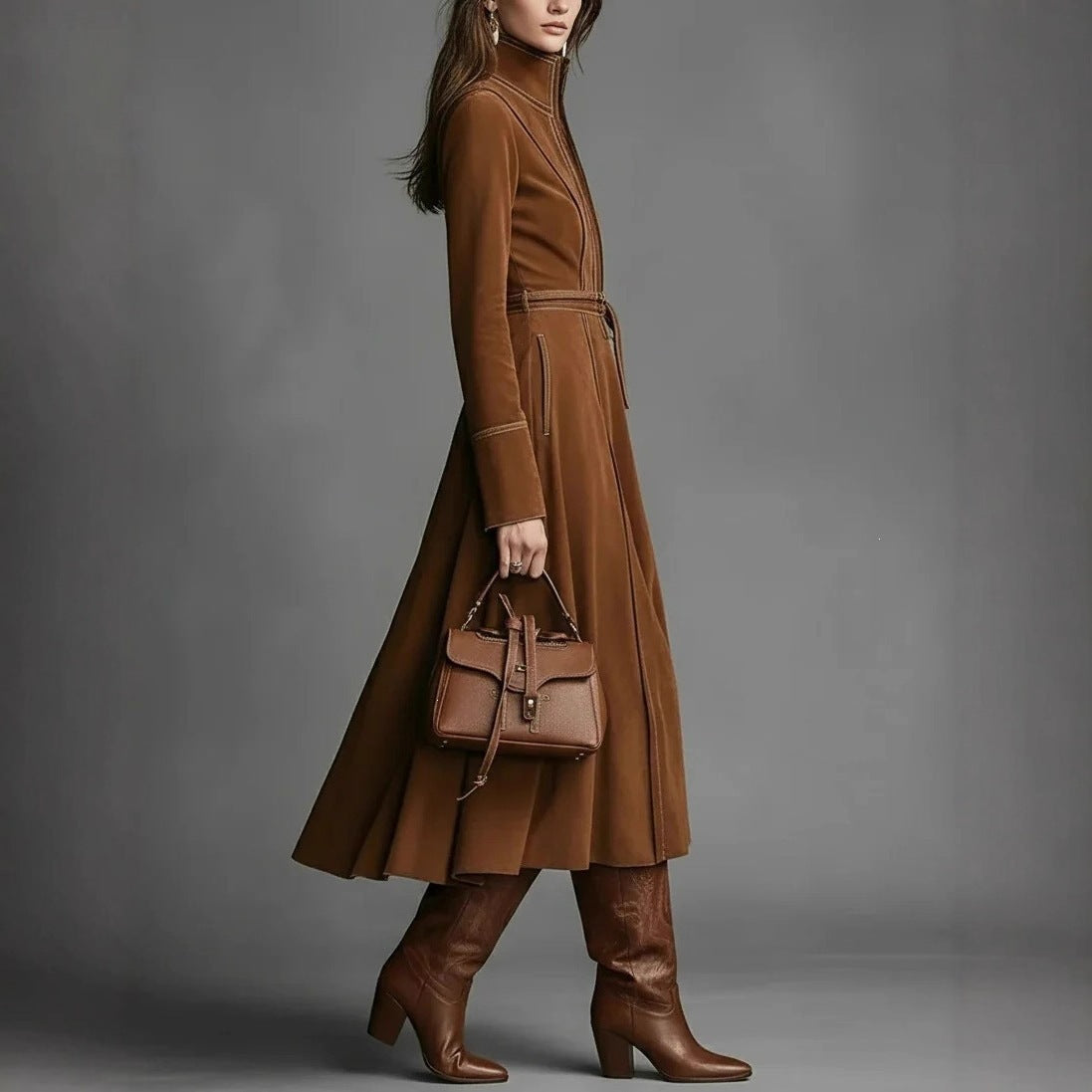 Women's Retro Suede Stand Collar Zipper A-Line Long Dress