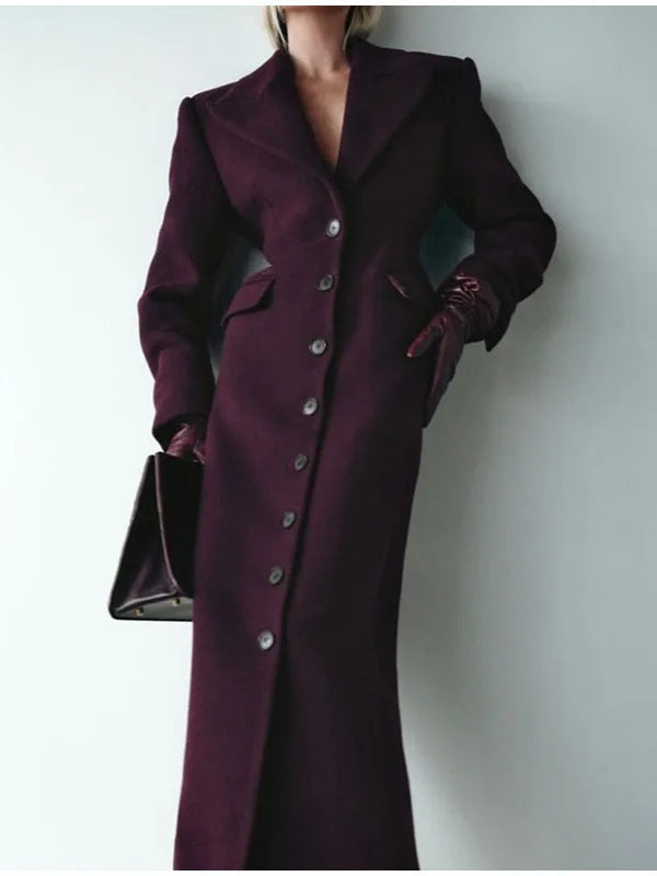 spring new lapel solid color single-breasted slim long coat