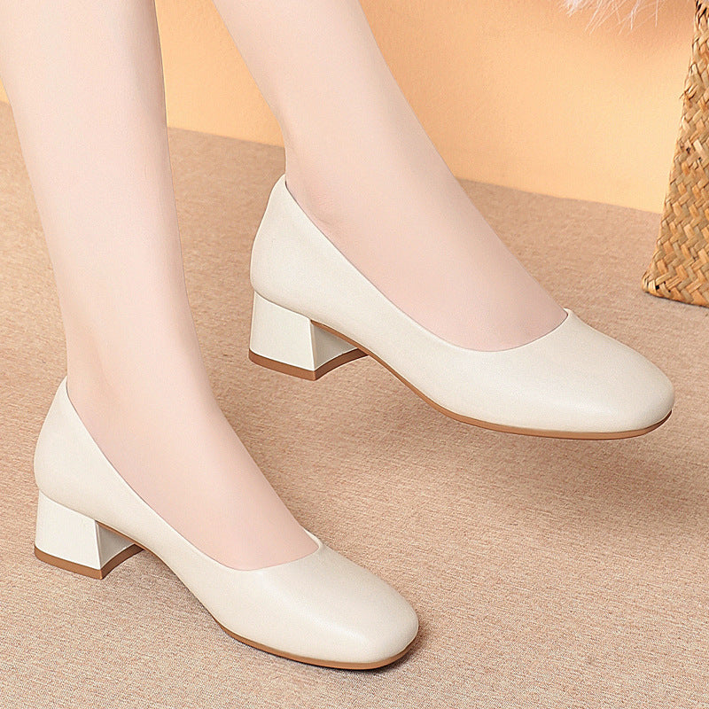 Black Leather Thick Heeled Shoes