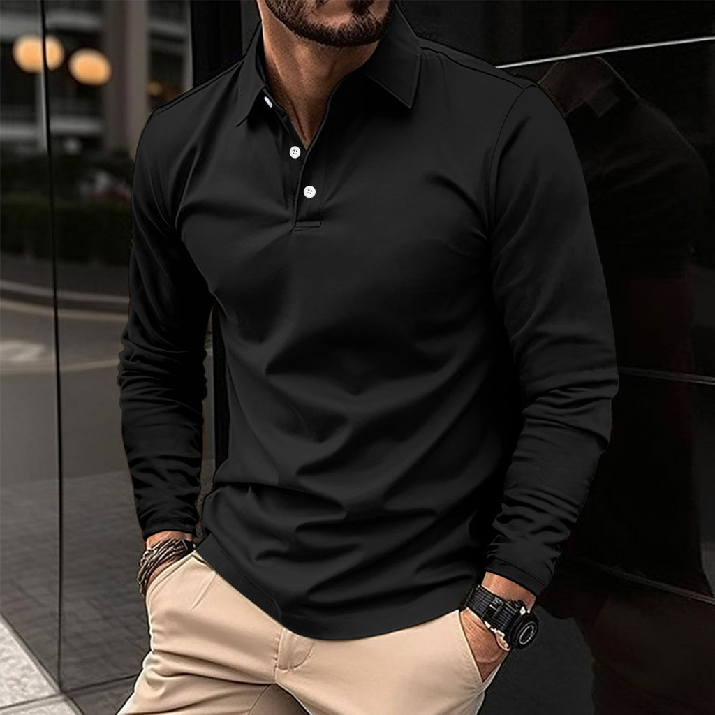 Mens Long Sleeve Solid Color Polo Shirt Casual Cotton Blend Button Down