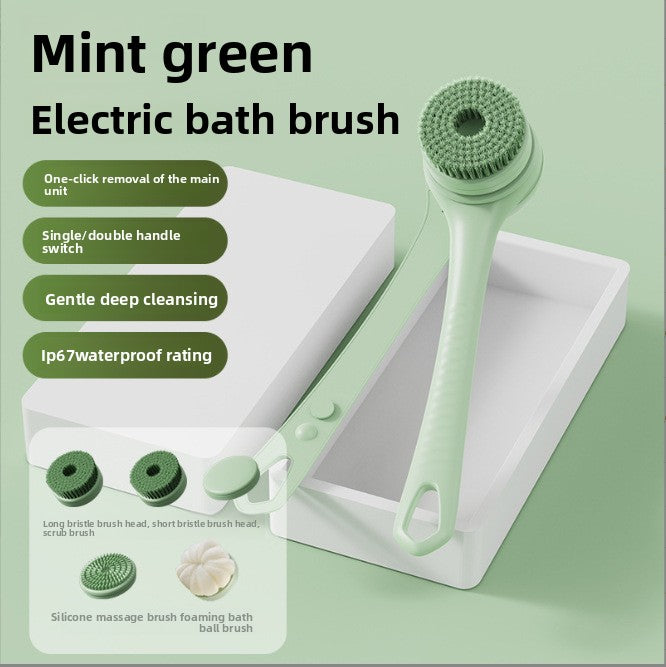 Electric Silicone Bath Brush with Long Handle and Multiple Brush Heads