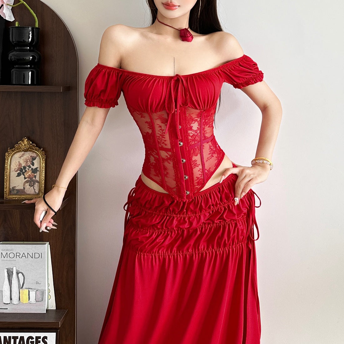 One-Shoulder Waist-Cinching Dress Set
