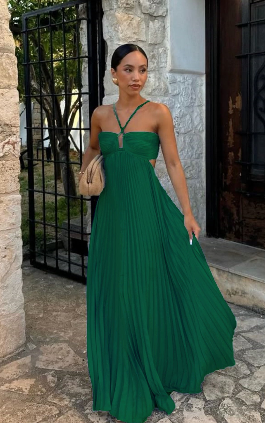 Solid Color Pleated Sleeveless Strap Dress