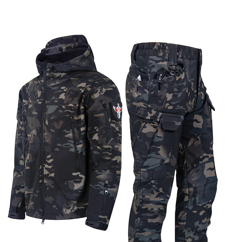Men's Waterproof Tactical Jacket Set with Fleece Lining Sharkskin Outdoor Hunting Clothing
