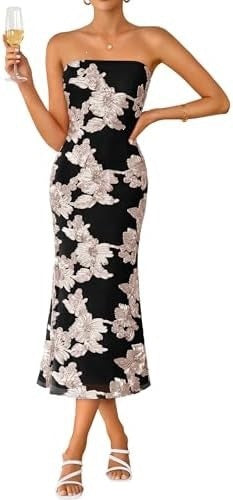 Womens Floral Strapless Midi Dress