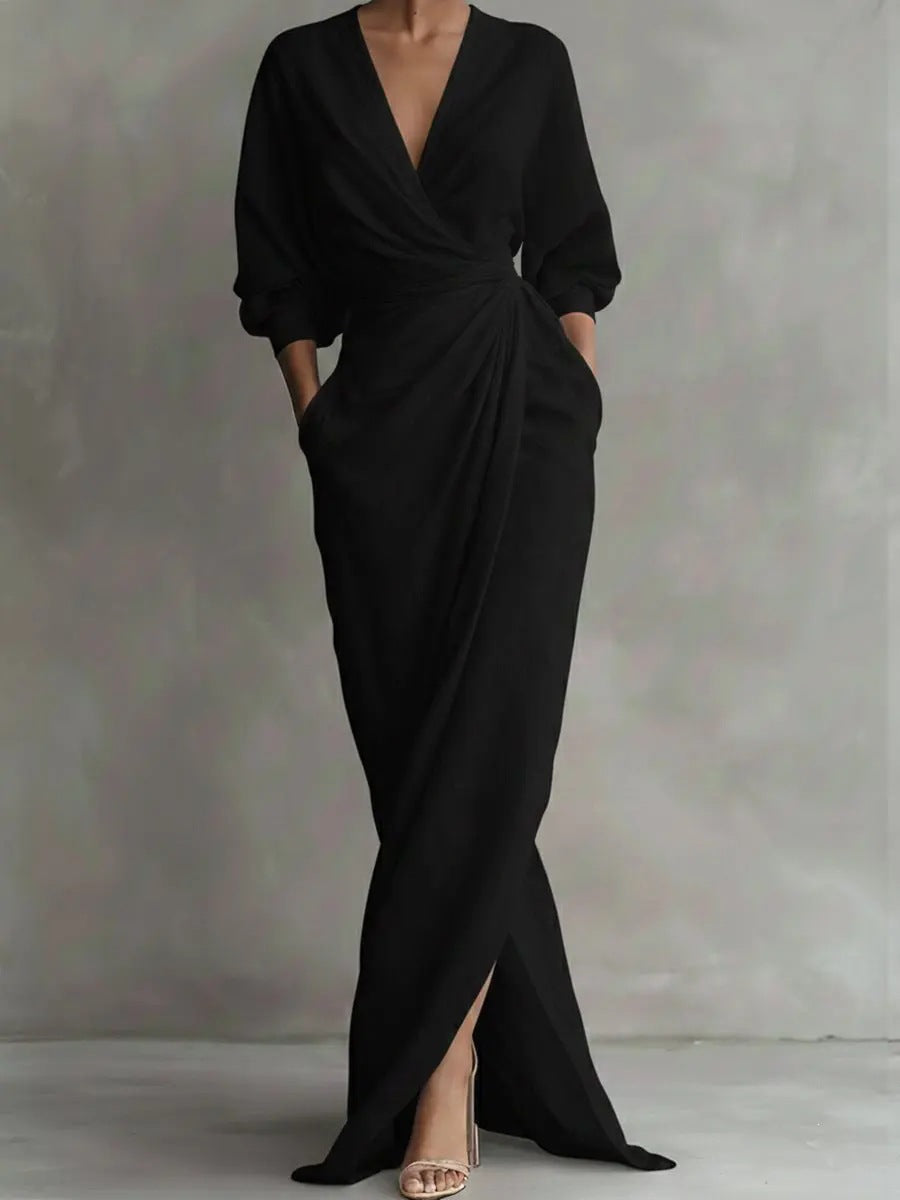 Solid-color V-neck long-sleeve slit waist-cinching dress with pockets