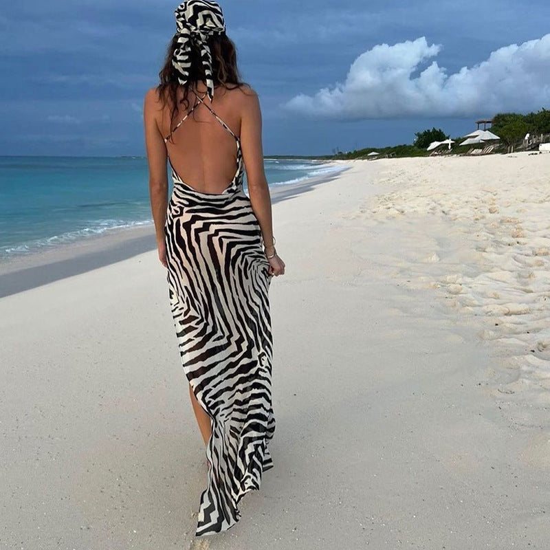 Zebra Print High Slit Lace Up Dress