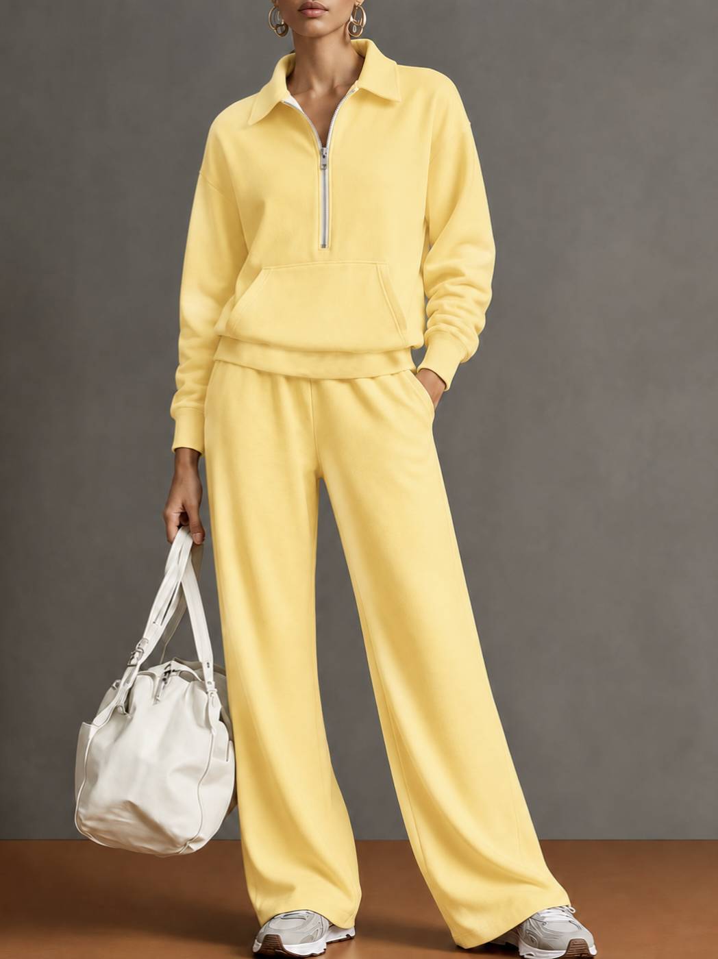 Women Two-Piece Half-Zip Sweatshirt and Wide-Leg Pants Set