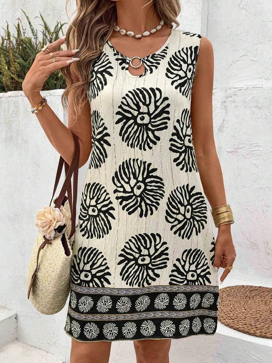 Hawaiian Floral Print V-Neck Sleeveless Mid-Length Dress