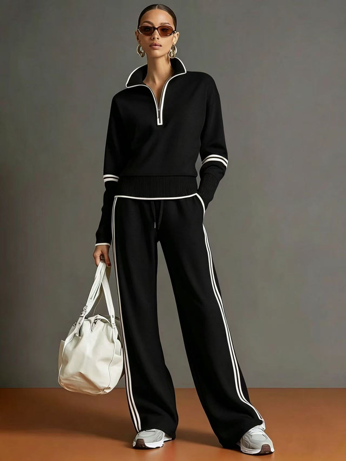 Women's Half Zip Knit Set with Wide Leg Pants