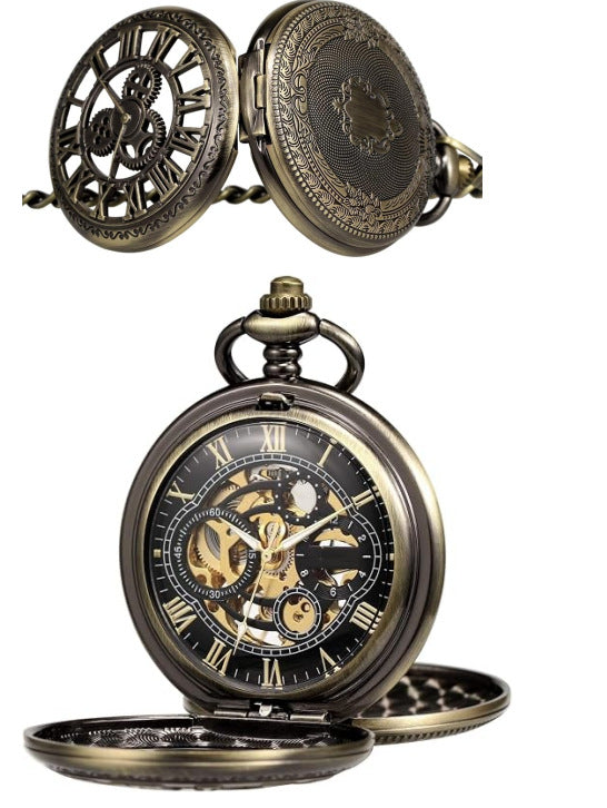 Engraved Mechanical Pocket Watch with Alloy Chain