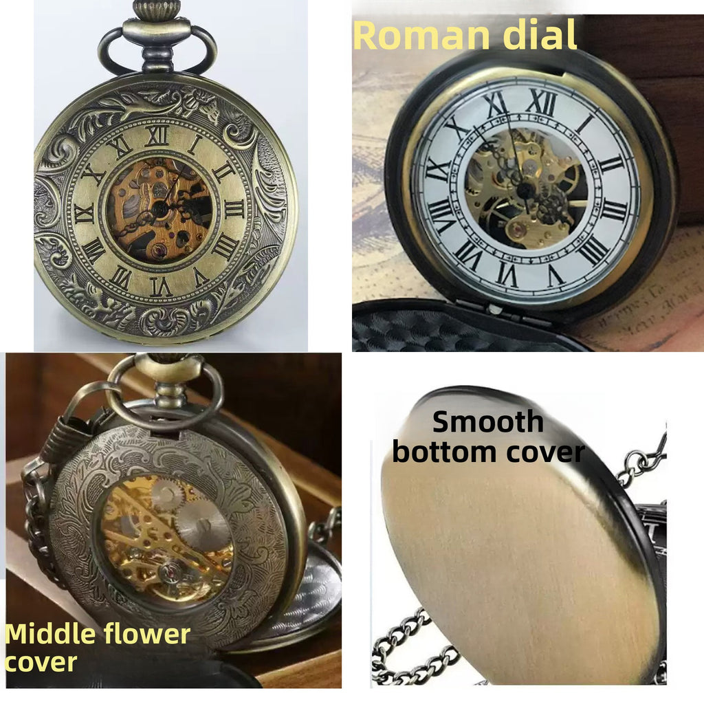 Engraved Mechanical Pocket Watch with Alloy Chain