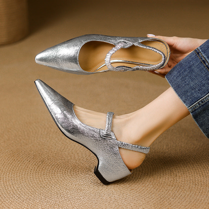 Women's French Style Lambskin Pointed Toe Open Back High Heel Sandals