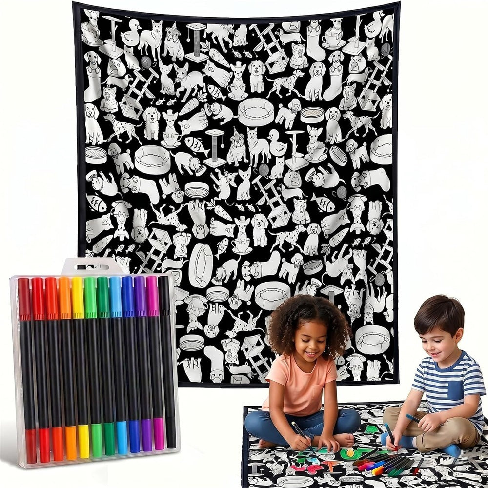 Black and white line-drawn graffiti rug