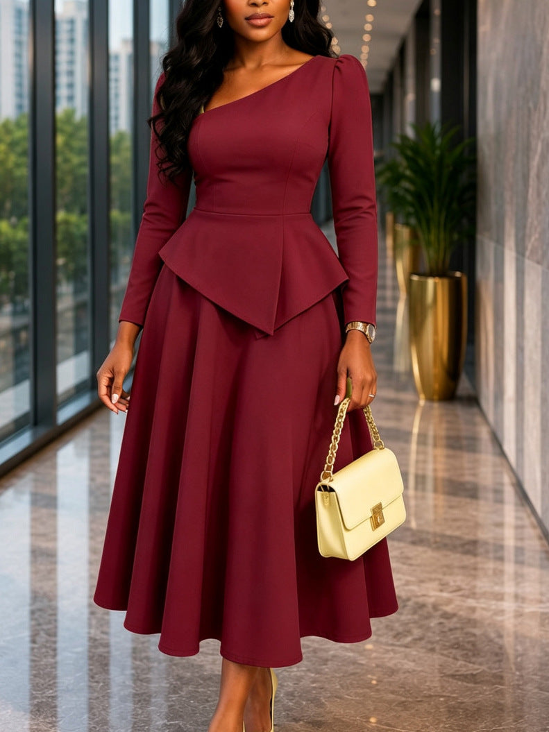 Women's Slanted Neckline Ruffled Waist Midi Dress