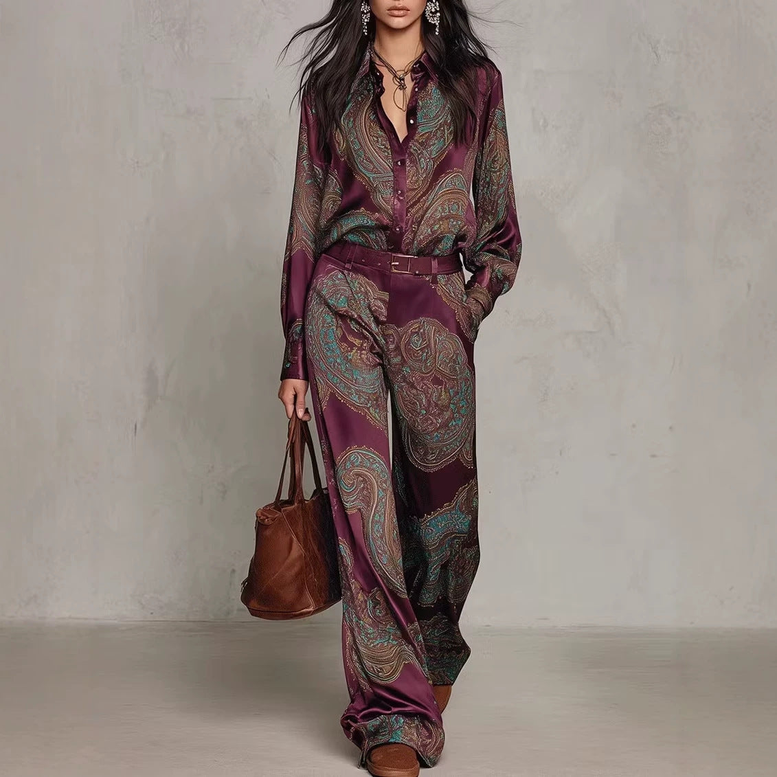 Long-Sleeve Shirt and Wide-Leg Pants Set