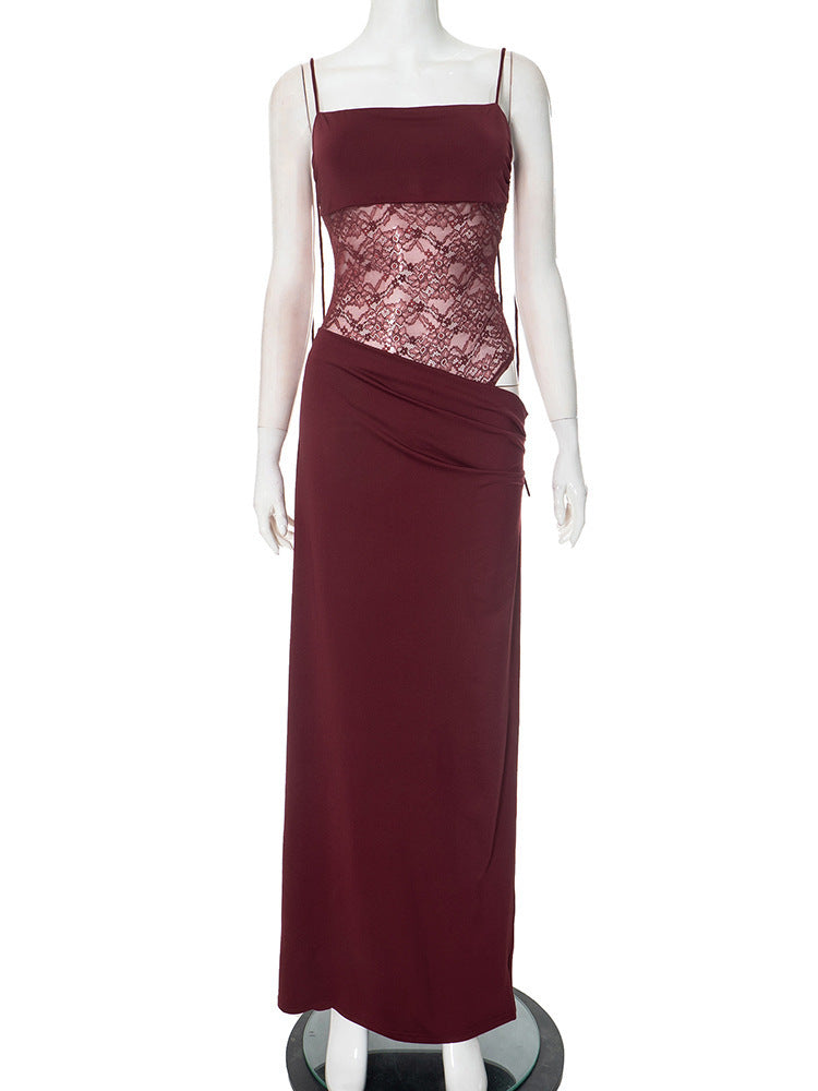 Women Solid Color Spaghetti Strap Lace Slim Fit Patchwork Dress