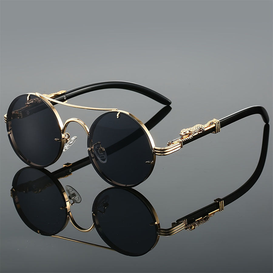 Retro Metal Round Sunglasses with Leopard Head Design