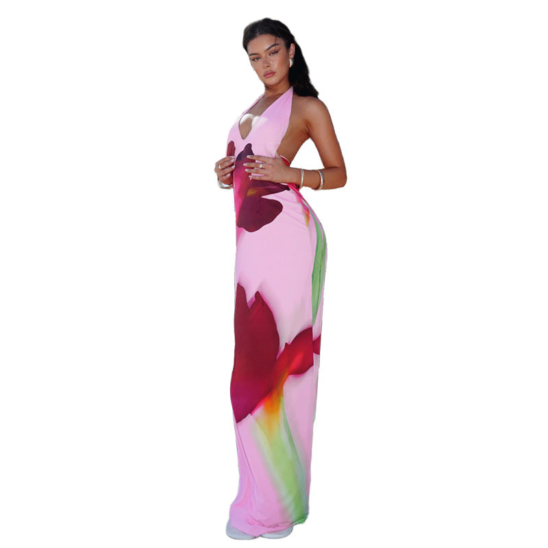 Elegant Floral Backless Long Dress