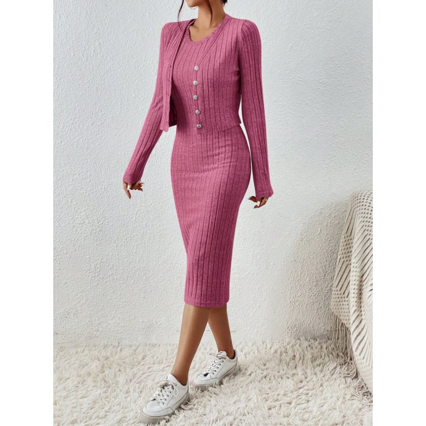 Women's French Style Knitted Dress and Coat Set