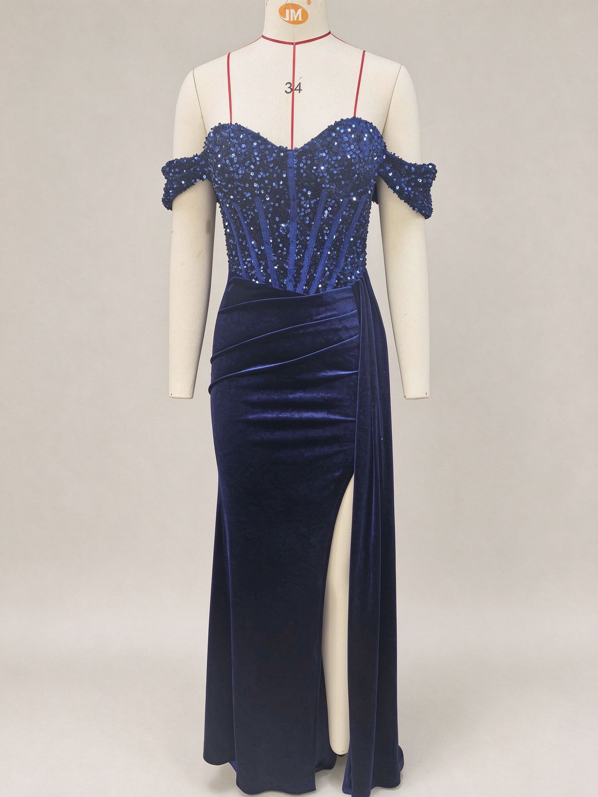 Off Shoulder Sequin Pleated Satin Evening Dress With Slit