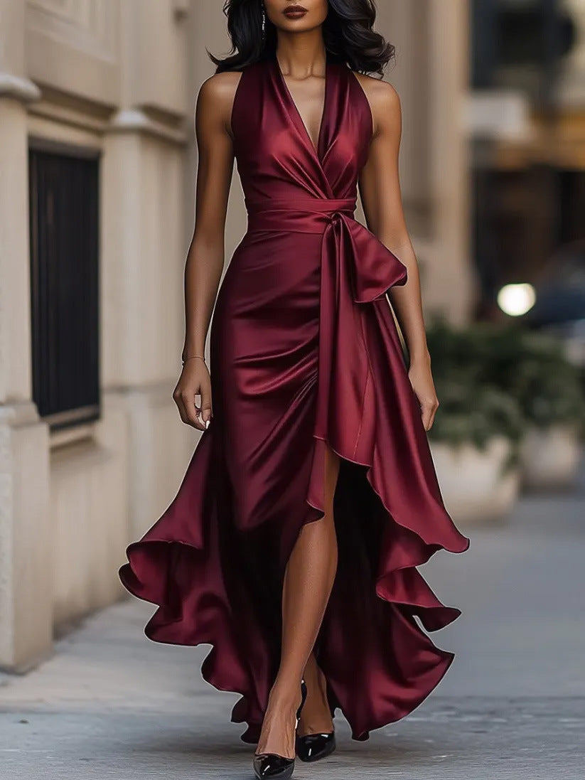 Womens Elegant V-Neck Ruffled Dress