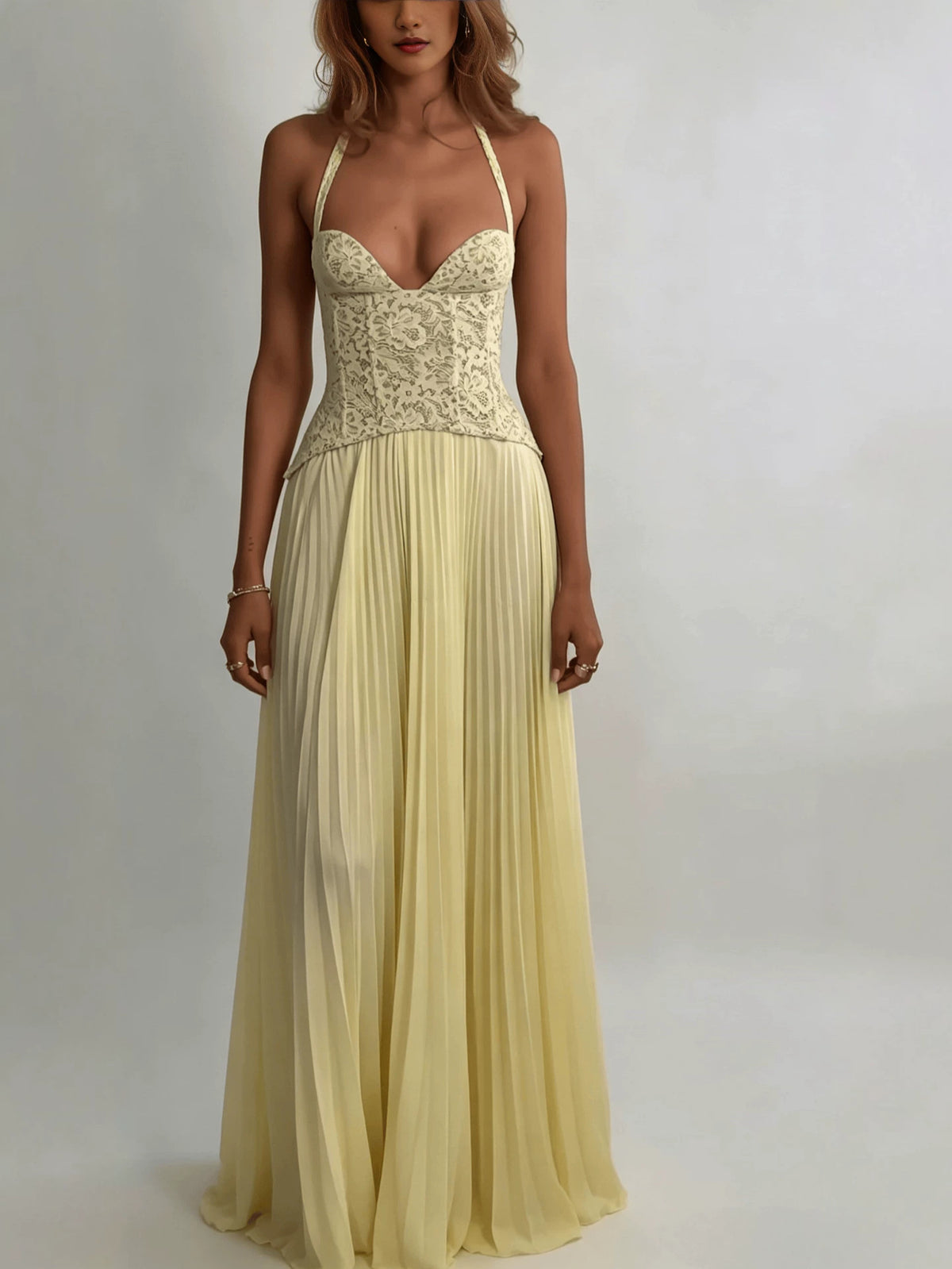 Women's Sleeveless Backless Halterneck Pleated Long Dress