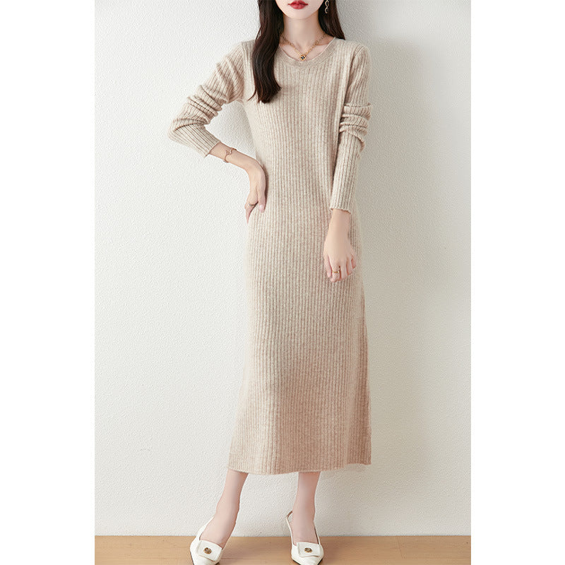 Women's Solid Wool Knitted Maxi Dress Round Neck Slim Fit Long Sleeve