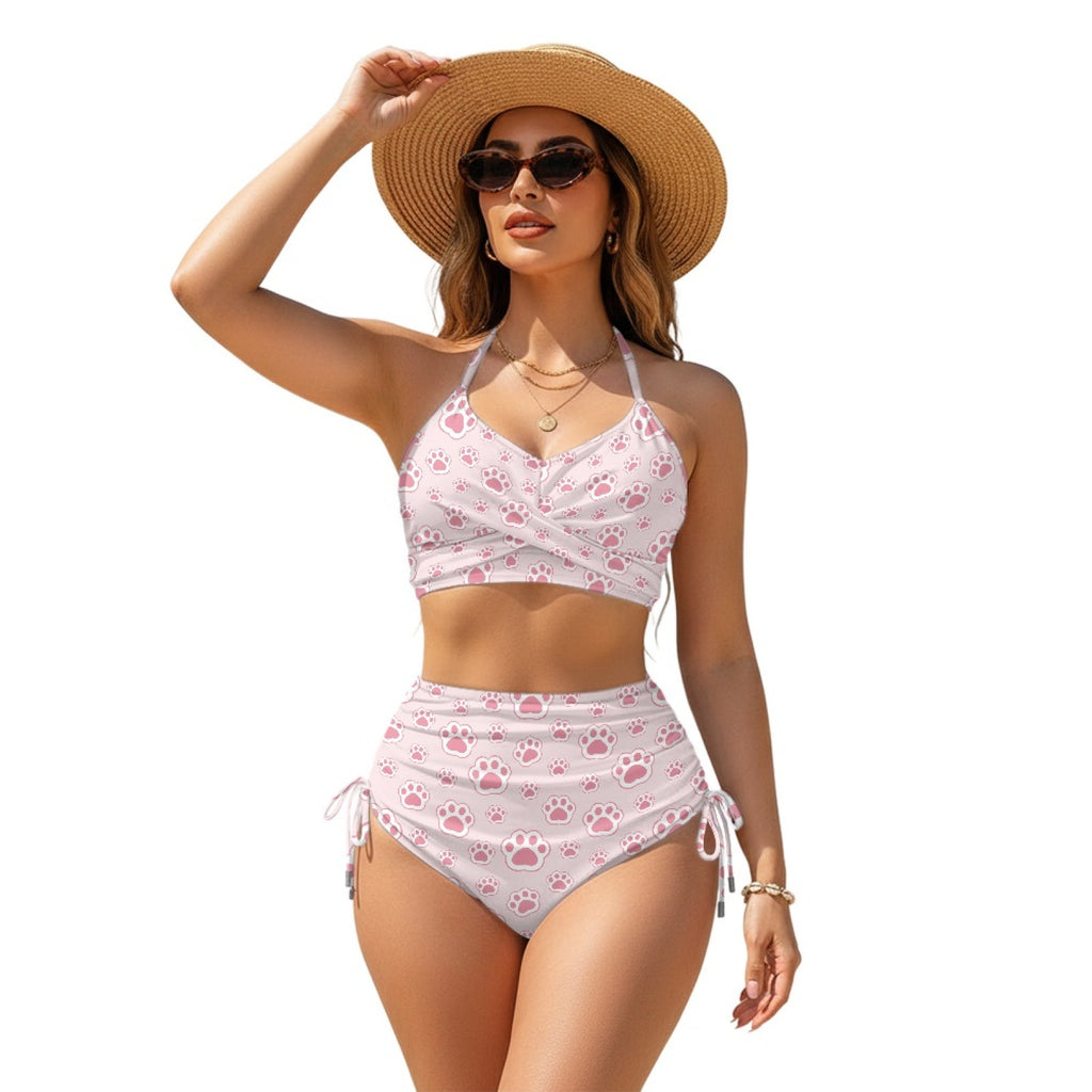 Women Sexy Animal Print High-Waist Drawstring Two-Piece Bikini Swimsuit