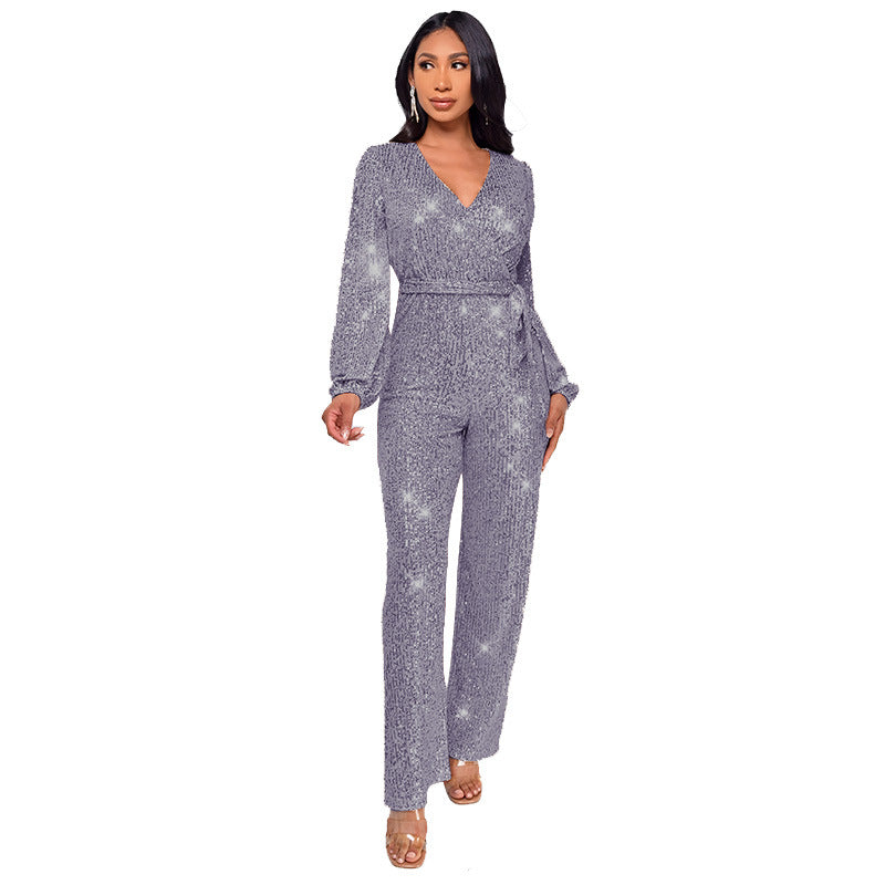 Women's Long Sleeve Deep V Neck Jumpsuit with Sequined Belt