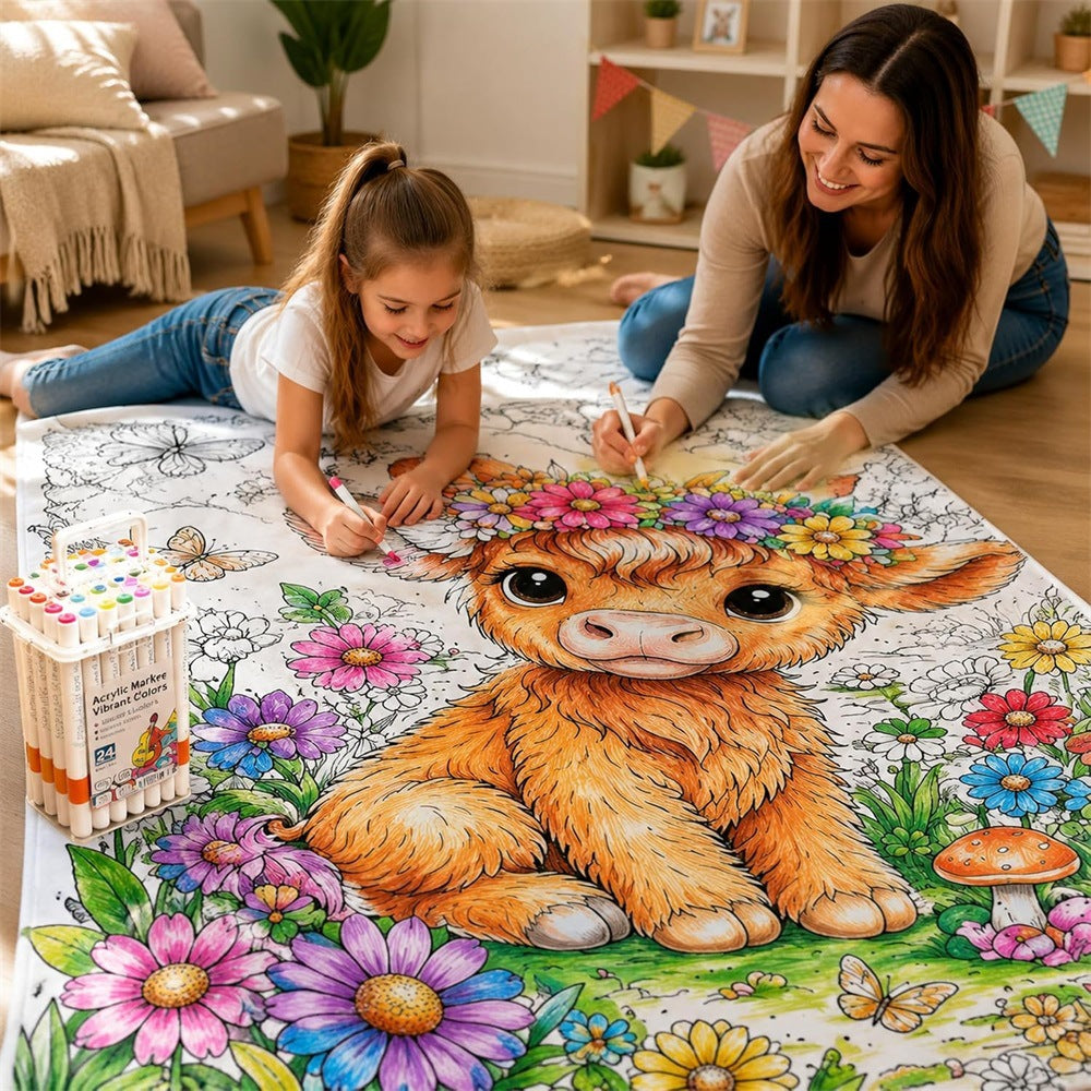 Black and white line-drawn graffiti rug