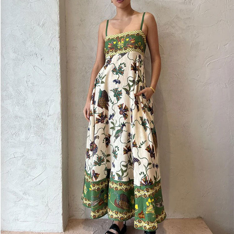 2026 Summer New Style Cross-Border European and American Resort-Style Dress, Elegant Long Printed Strap Dress